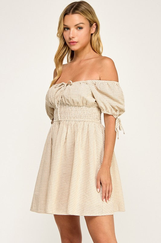 D5603 Gingham Puff Sleeve Smocked Mini Dress