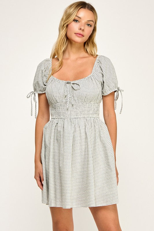 D5603 Gingham Puff Sleeve Smocked Mini Dress