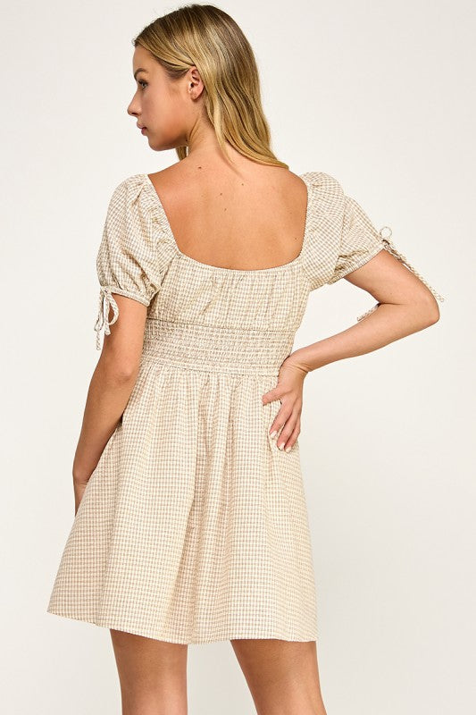 D5603 Gingham Puff Sleeve Smocked Mini Dress