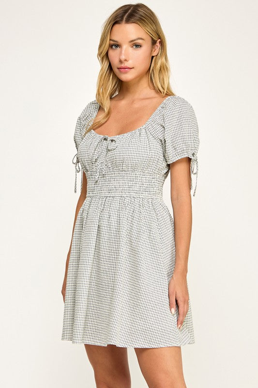 D5603 Gingham Puff Sleeve Smocked Mini Dress