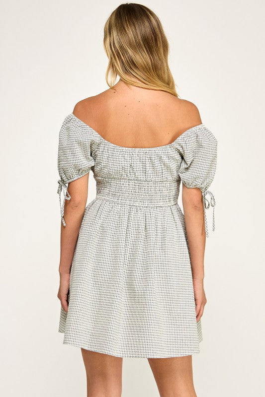 D5603 Gingham Puff Sleeve Smocked Mini Dress