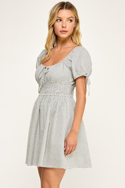 D5603 Gingham Puff Sleeve Smocked Mini Dress