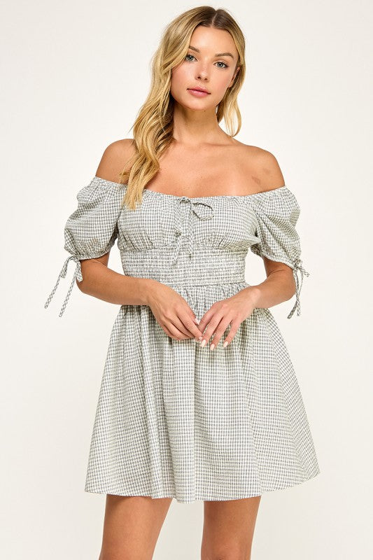 D5603 Gingham Puff Sleeve Smocked Mini Dress
