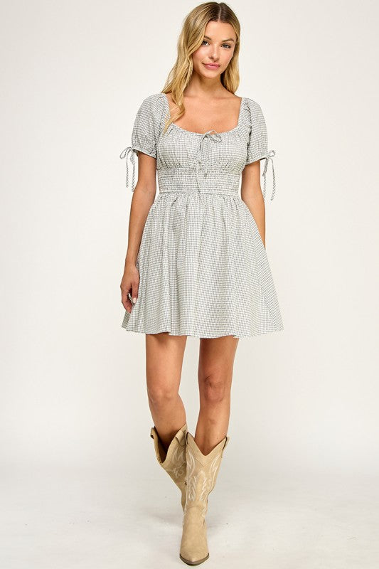 D5603 Gingham Puff Sleeve Smocked Mini Dress