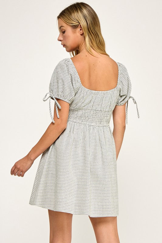 D5603 Gingham Puff Sleeve Smocked Mini Dress