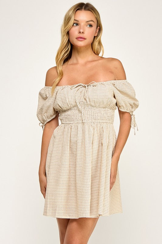 D5603 Gingham Puff Sleeve Smocked Mini Dress