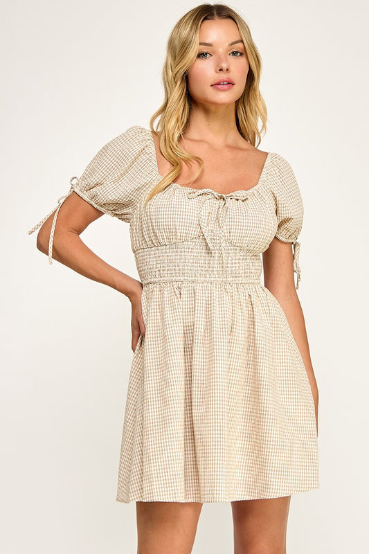 D5603 Gingham Puff Sleeve Smocked Mini Dress