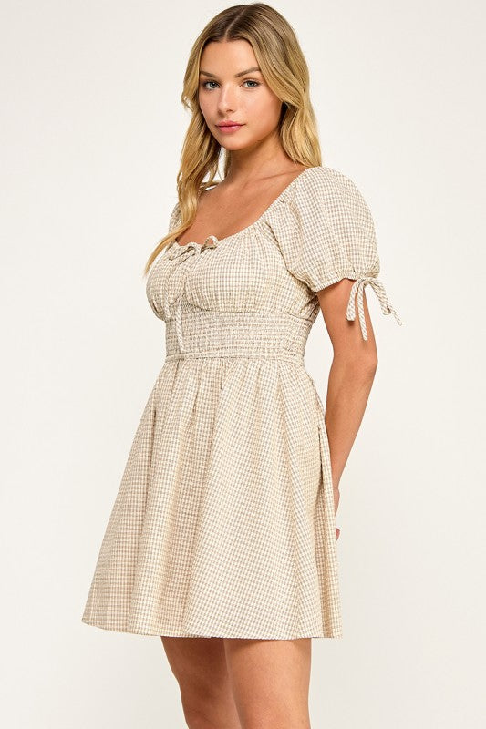 D5603 Gingham Puff Sleeve Smocked Mini Dress