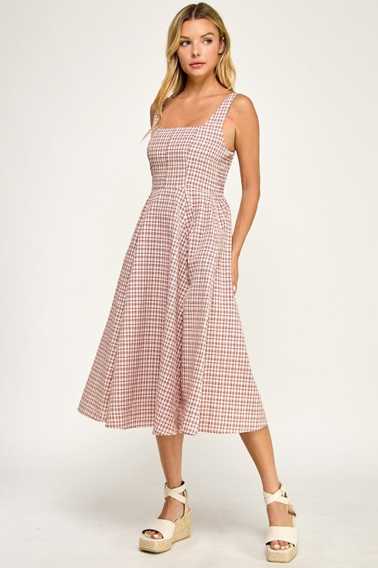 D5609 Gingham Square Neck Midi Dress