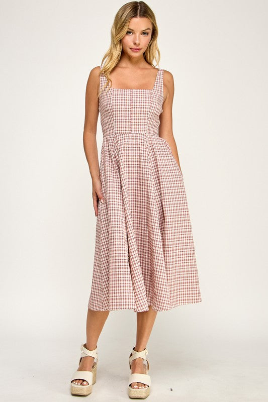 D5609 Gingham Square Neck Midi Dress