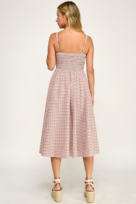 D5609 Gingham Square Neck Midi Dress