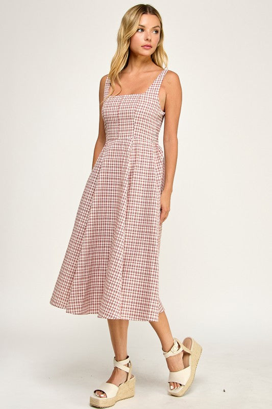 D5609 Gingham Square Neck Midi Dress
