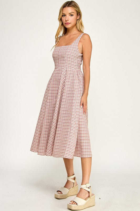D5609 Gingham Square Neck Midi Dress