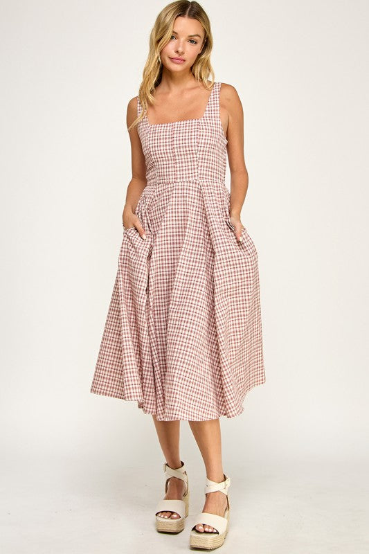 D5609 Gingham Square Neck Midi Dress