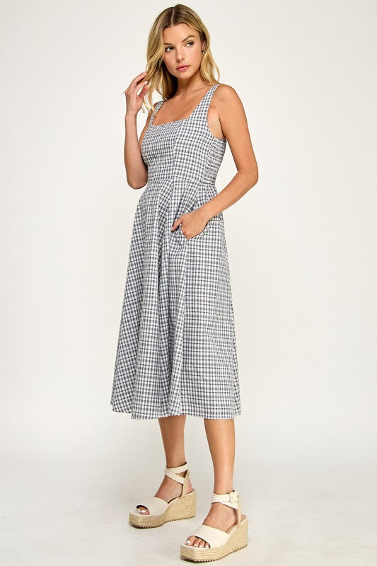 D5609 Gingham Square Neck Midi Dress