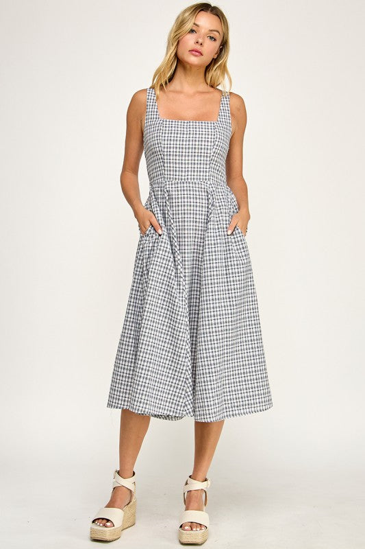 D5609 Gingham Square Neck Midi Dress