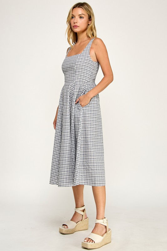 D5609 Gingham Square Neck Midi Dress
