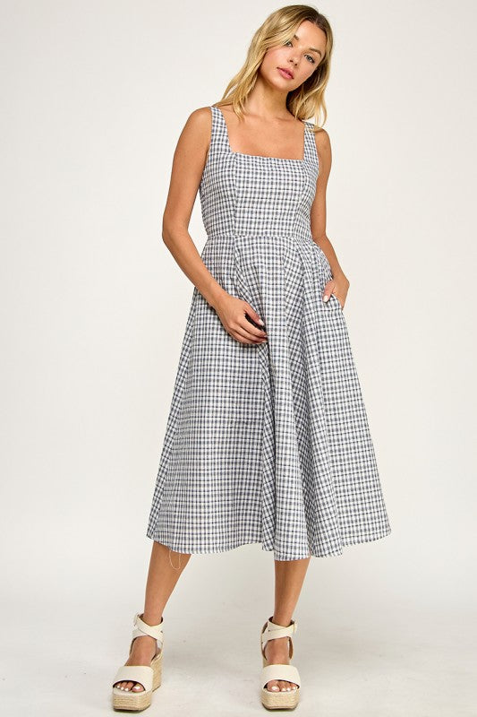 D5609 Gingham Square Neck Midi Dress