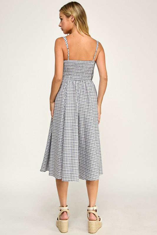 D5609 Gingham Square Neck Midi Dress