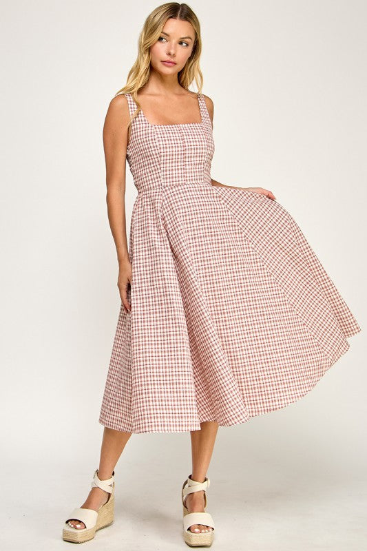 D5609 Gingham Square Neck Midi Dress