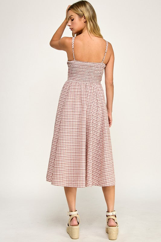 D5609 Gingham Square Neck Midi Dress