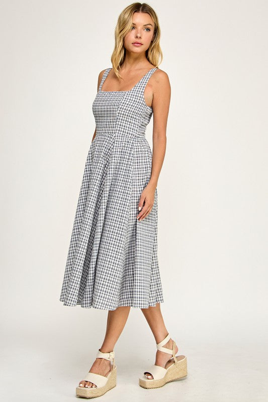 D5609 Gingham Square Neck Midi Dress