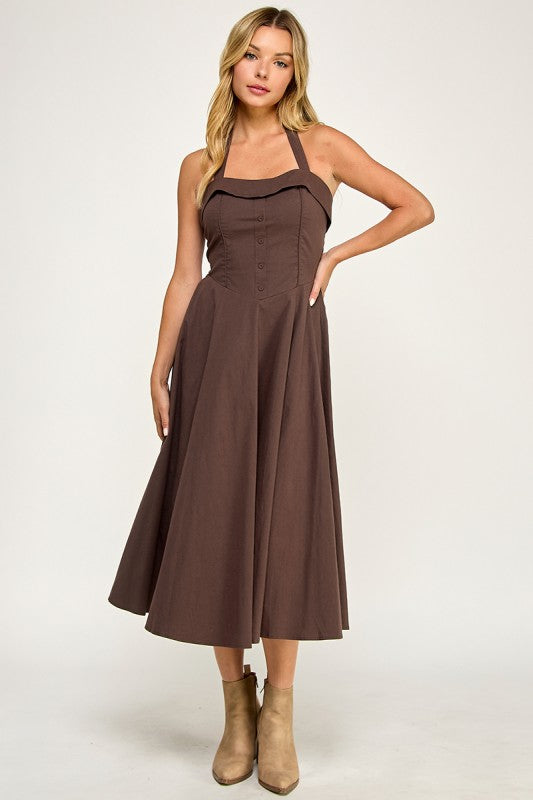D5562 Halter Flare Midi Dress