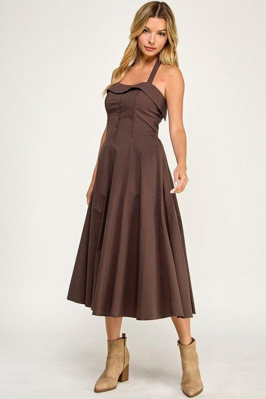 D5562 Halter Flare Midi Dress