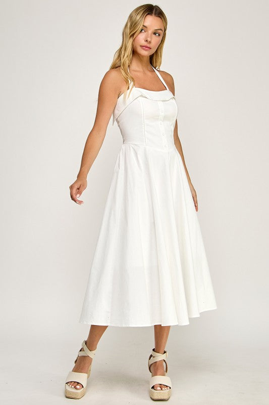 D5562 Halter Flare Midi Dress