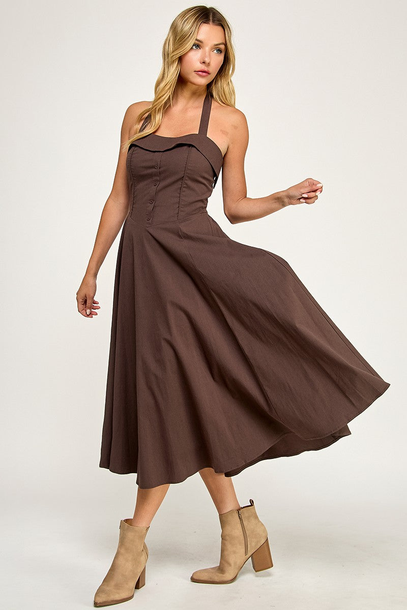 D5562 Halter Flare Midi Dress