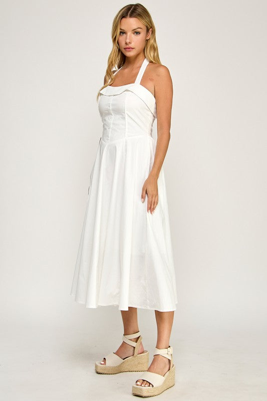 D5562 Halter Flare Midi Dress