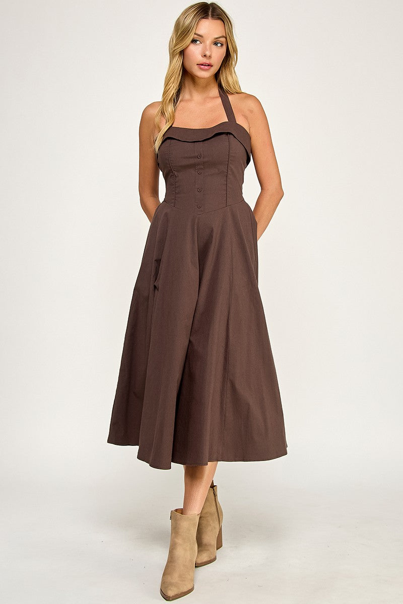 D5562 Halter Flare Midi Dress