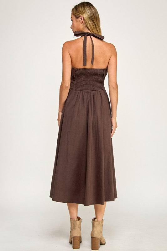 D5562 Halter Flare Midi Dress