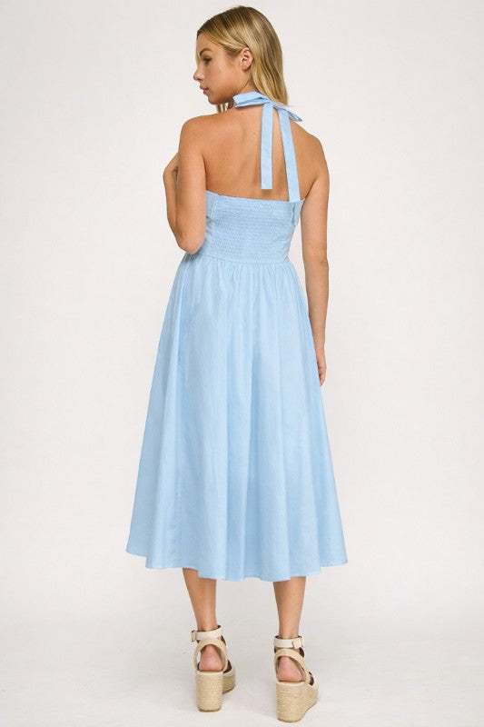 D5562 Halter Flare Midi Dress