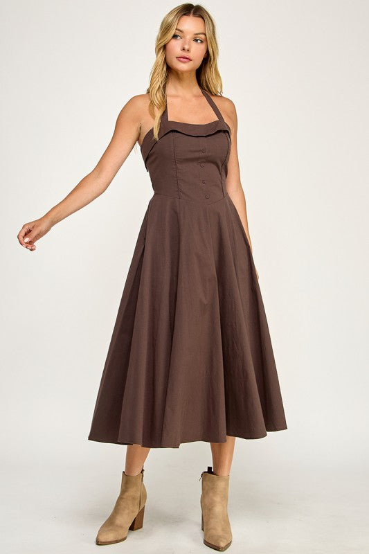 D5562 Halter Flare Midi Dress