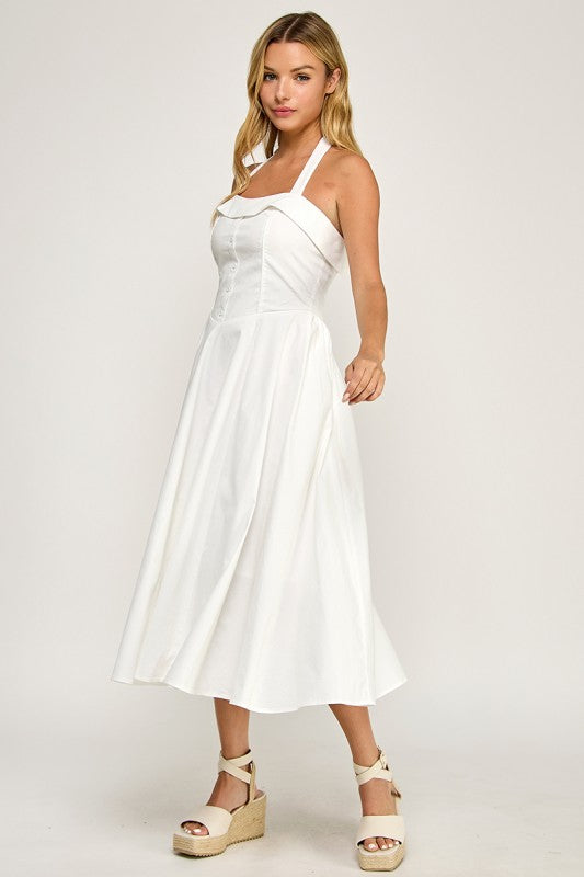 D5562 Halter Flare Midi Dress