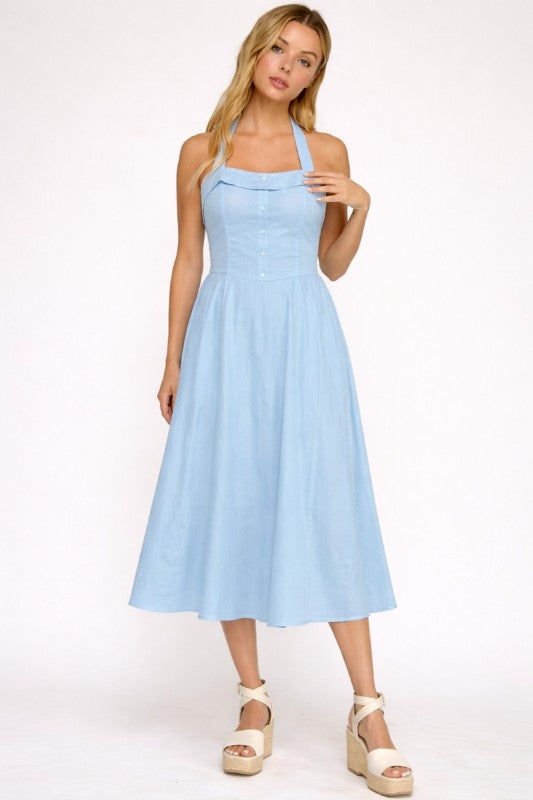 D5562 Halter Flare Midi Dress