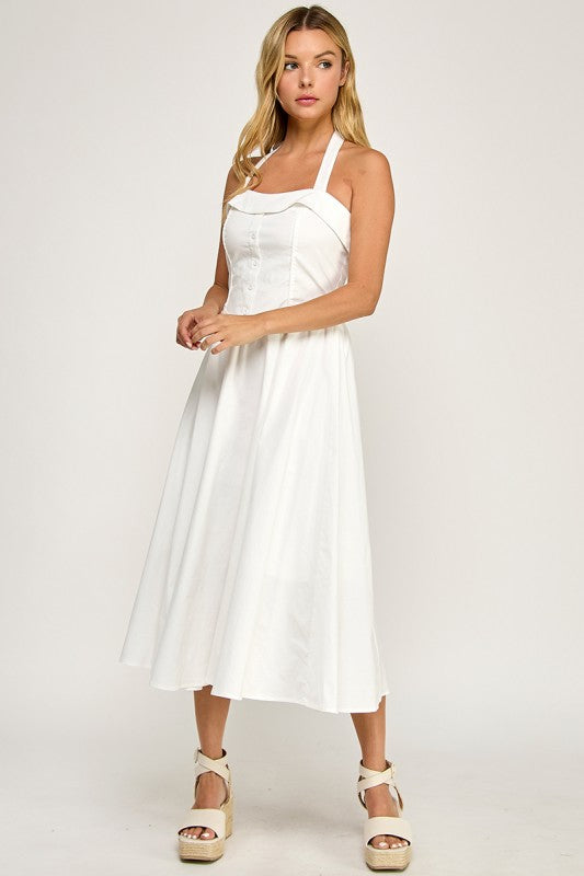 D5562 Halter Flare Midi Dress