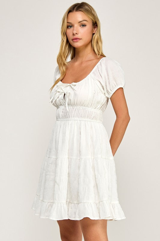 D5575 Textured Puff Sleeve Mini Dress