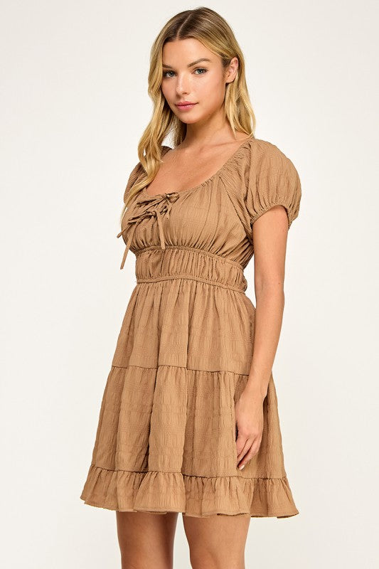 D5575 Textured Puff Sleeve Mini Dress