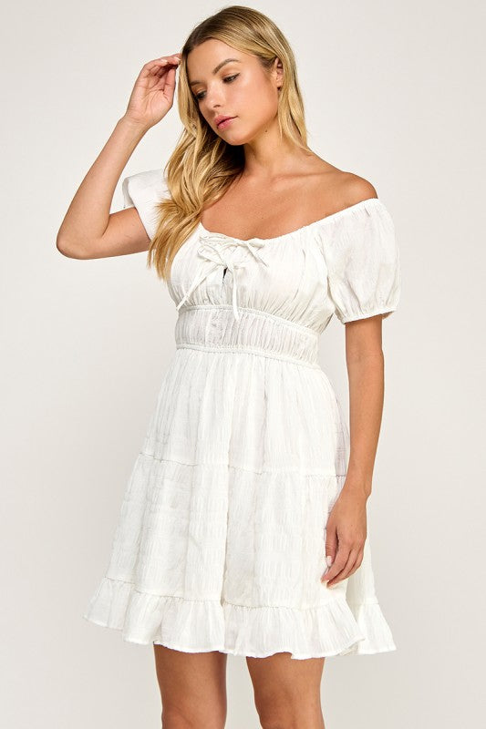 D5575 Textured Puff Sleeve Mini Dress