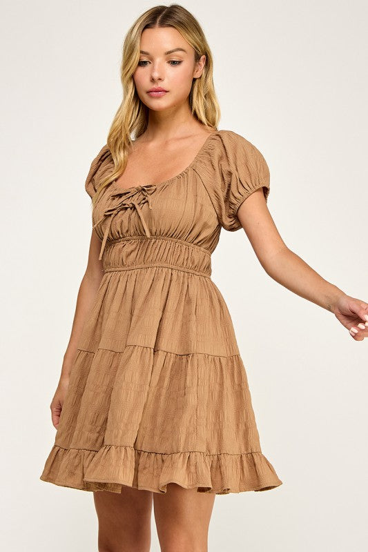 D5575 Textured Puff Sleeve Mini Dress