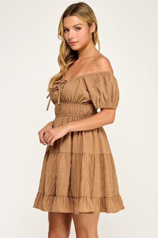 D5575 Textured Puff Sleeve Mini Dress