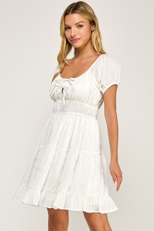 D5575 Textured Puff Sleeve Mini Dress