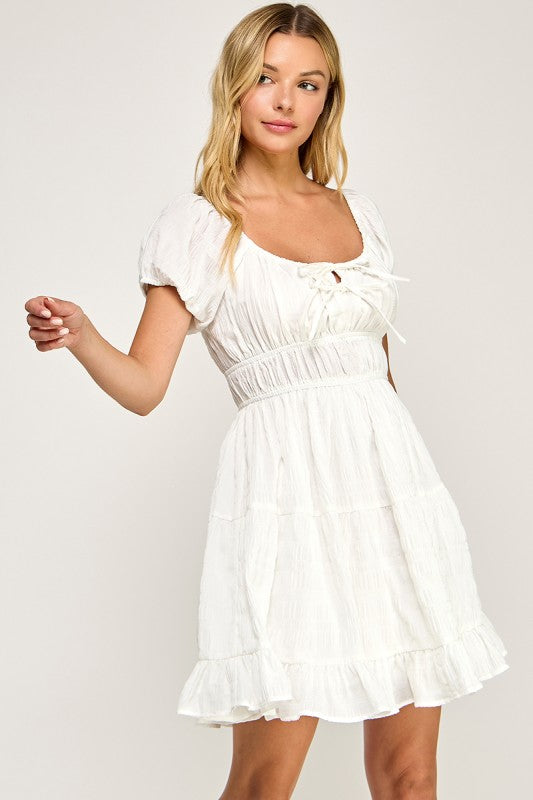 D5575 Textured Puff Sleeve Mini Dress