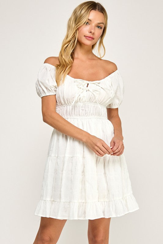 D5575 Textured Puff Sleeve Mini Dress