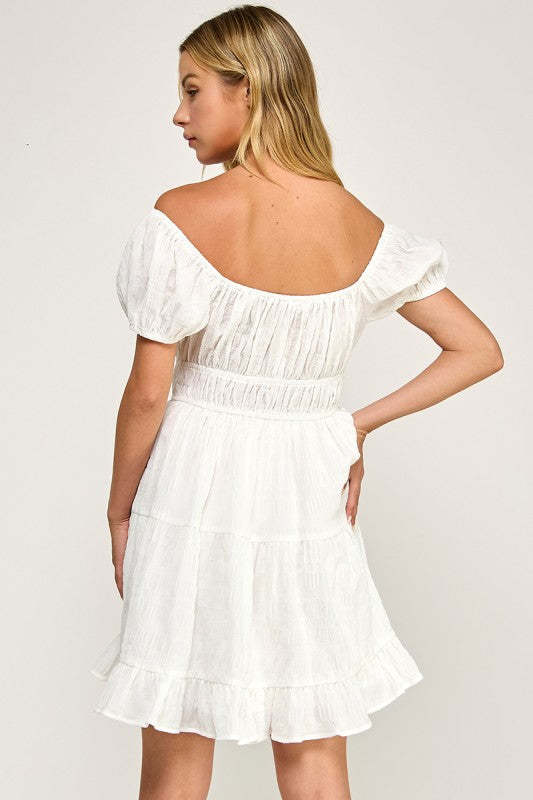 D5575 Textured Puff Sleeve Mini Dress