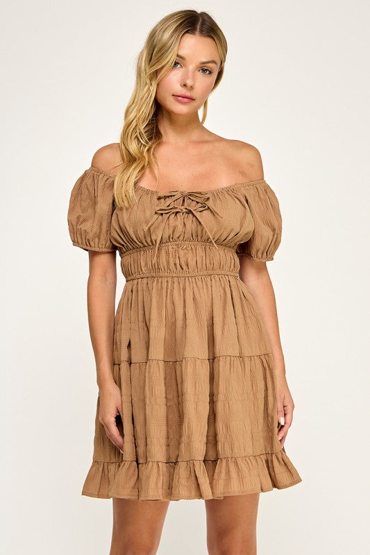 D5575 Textured Puff Sleeve Mini Dress