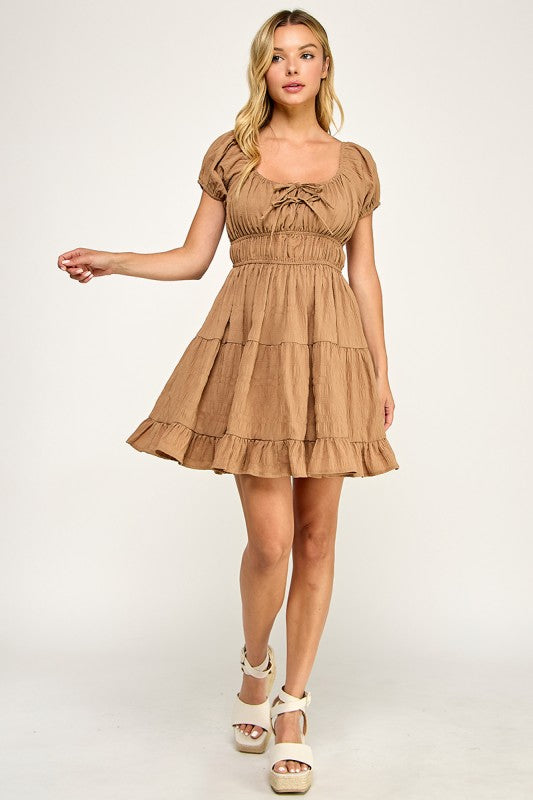 D5575 Textured Puff Sleeve Mini Dress