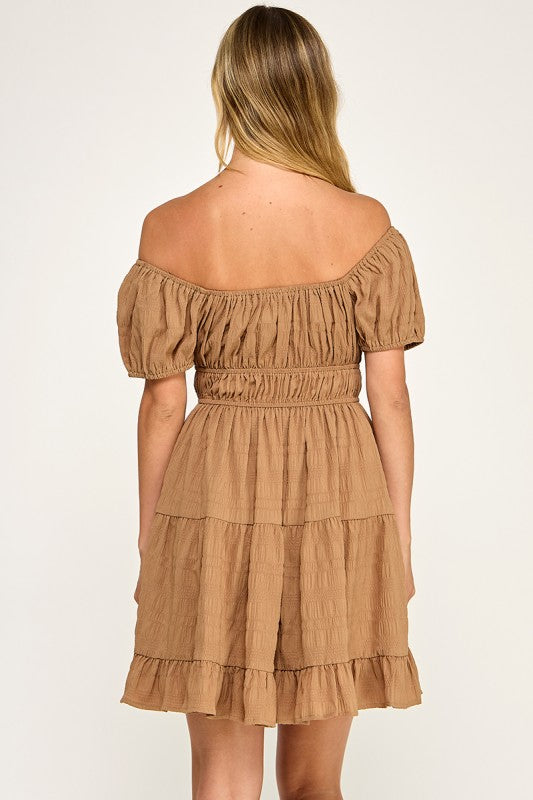 D5575 Textured Puff Sleeve Mini Dress